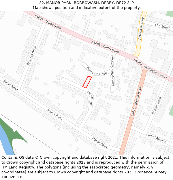 32, MANOR PARK, BORROWASH, DERBY, DE72 3LP: Location map and indicative extent of plot