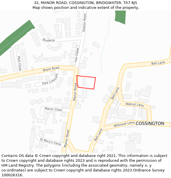 32, MANOR ROAD, COSSINGTON, BRIDGWATER, TA7 8JS: Location map and indicative extent of plot