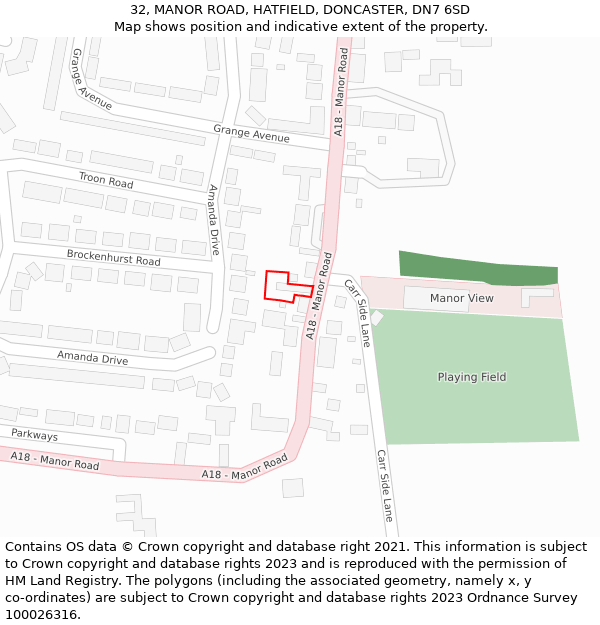 32, MANOR ROAD, HATFIELD, DONCASTER, DN7 6SD: Location map and indicative extent of plot