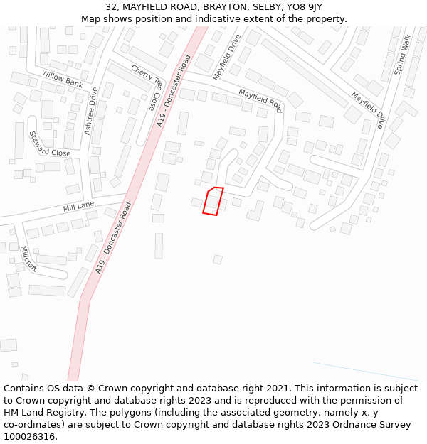 32, MAYFIELD ROAD, BRAYTON, SELBY, YO8 9JY: Location map and indicative extent of plot