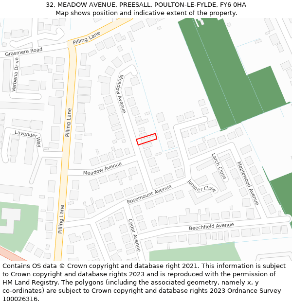 32, MEADOW AVENUE, PREESALL, POULTON-LE-FYLDE, FY6 0HA: Location map and indicative extent of plot