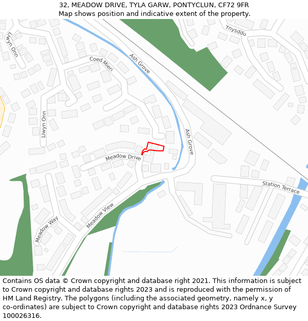 32, MEADOW DRIVE, TYLA GARW, PONTYCLUN, CF72 9FR: Location map and indicative extent of plot