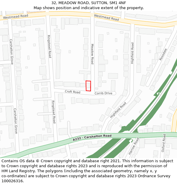 32, MEADOW ROAD, SUTTON, SM1 4NF: Location map and indicative extent of plot