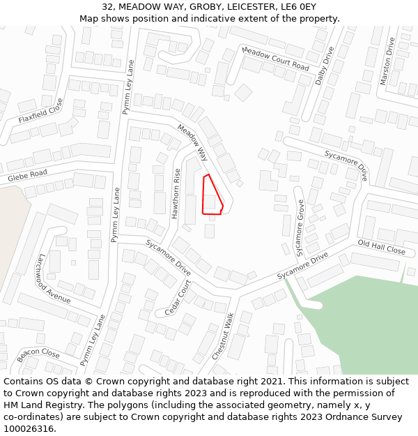 32, MEADOW WAY, GROBY, LEICESTER, LE6 0EY: Location map and indicative extent of plot