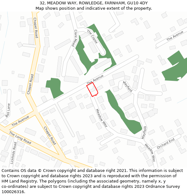 32, MEADOW WAY, ROWLEDGE, FARNHAM, GU10 4DY: Location map and indicative extent of plot