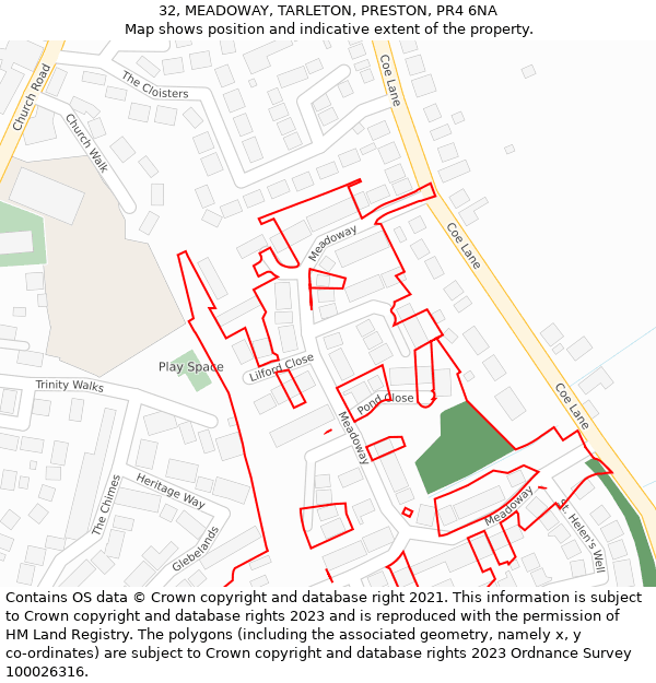 32, MEADOWAY, TARLETON, PRESTON, PR4 6NA: Location map and indicative extent of plot