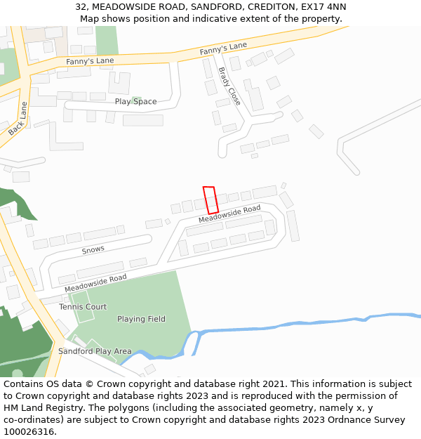 32, MEADOWSIDE ROAD, SANDFORD, CREDITON, EX17 4NN: Location map and indicative extent of plot