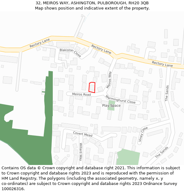 32, MEIROS WAY, ASHINGTON, PULBOROUGH, RH20 3QB: Location map and indicative extent of plot