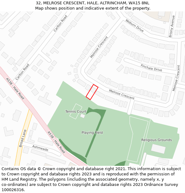 32, MELROSE CRESCENT, HALE, ALTRINCHAM, WA15 8NL: Location map and indicative extent of plot