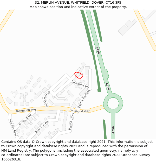32, MERLIN AVENUE, WHITFIELD, DOVER, CT16 3FS: Location map and indicative extent of plot