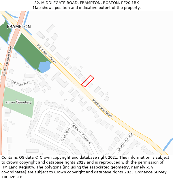 32, MIDDLEGATE ROAD, FRAMPTON, BOSTON, PE20 1BX: Location map and indicative extent of plot