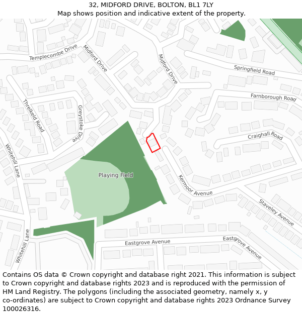 32, MIDFORD DRIVE, BOLTON, BL1 7LY: Location map and indicative extent of plot