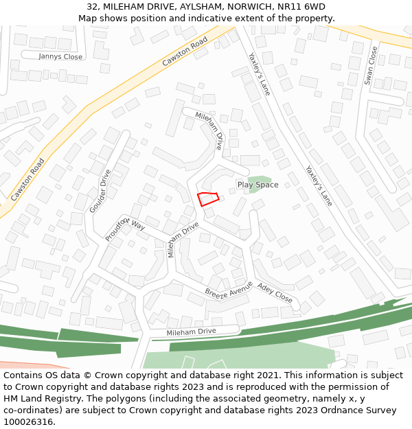 32, MILEHAM DRIVE, AYLSHAM, NORWICH, NR11 6WD: Location map and indicative extent of plot