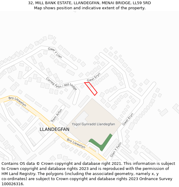 32, MILL BANK ESTATE, LLANDEGFAN, MENAI BRIDGE, LL59 5RD: Location map and indicative extent of plot