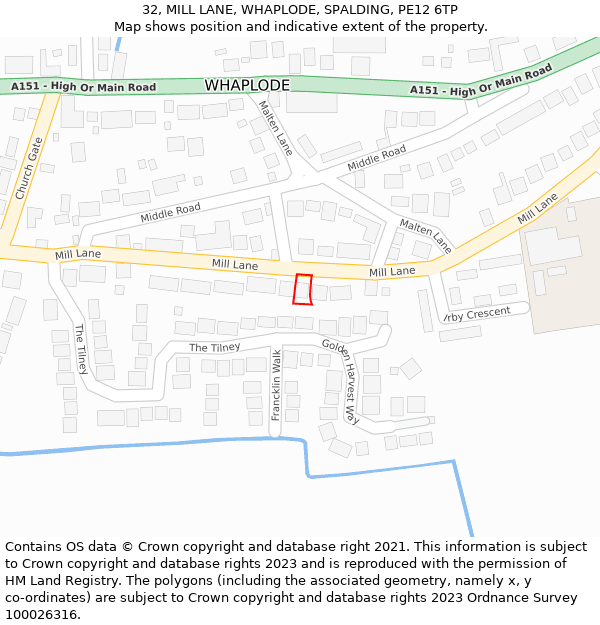 32, MILL LANE, WHAPLODE, SPALDING, PE12 6TP: Location map and indicative extent of plot