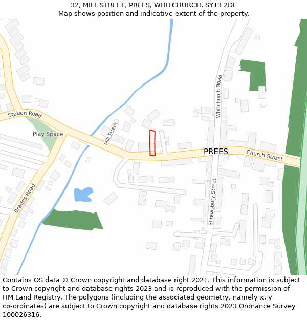 32, MILL STREET, PREES, WHITCHURCH, SY13 2DL: Location map and indicative extent of plot