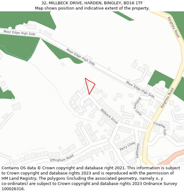 32, MILLBECK DRIVE, HARDEN, BINGLEY, BD16 1TF: Location map and indicative extent of plot