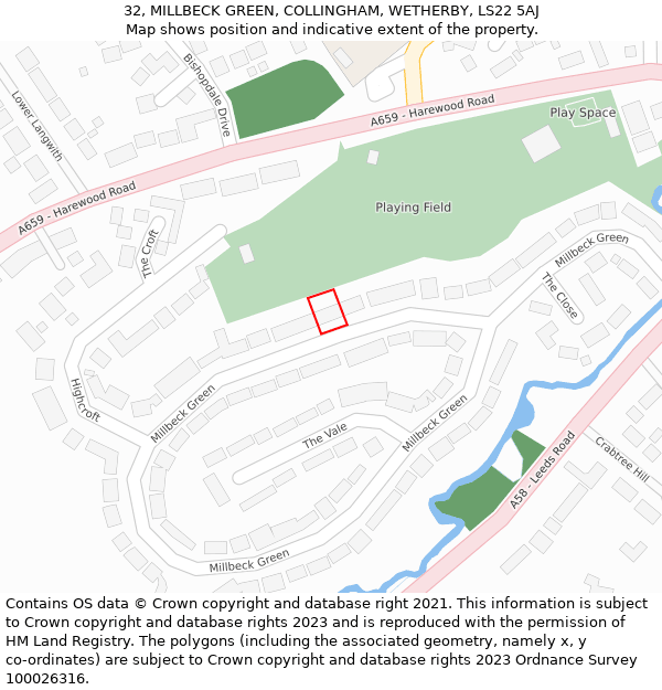 32, MILLBECK GREEN, COLLINGHAM, WETHERBY, LS22 5AJ: Location map and indicative extent of plot