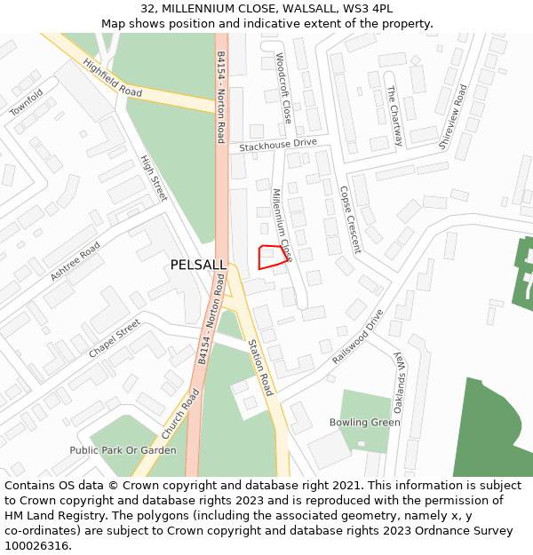 32, MILLENNIUM CLOSE, WALSALL, WS3 4PL: Location map and indicative extent of plot