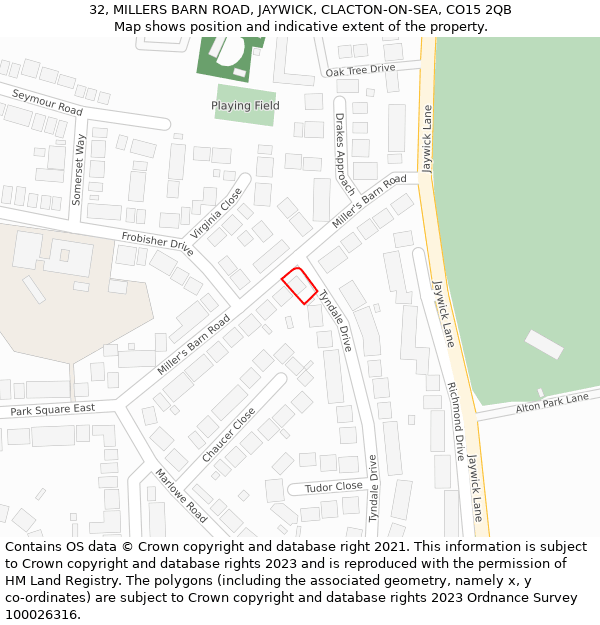 32, MILLERS BARN ROAD, JAYWICK, CLACTON-ON-SEA, CO15 2QB: Location map and indicative extent of plot