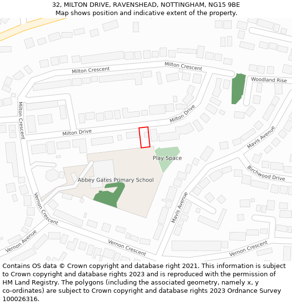 32, MILTON DRIVE, RAVENSHEAD, NOTTINGHAM, NG15 9BE: Location map and indicative extent of plot