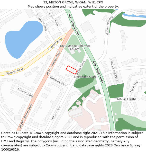 32, MILTON GROVE, WIGAN, WN1 2PG: Location map and indicative extent of plot