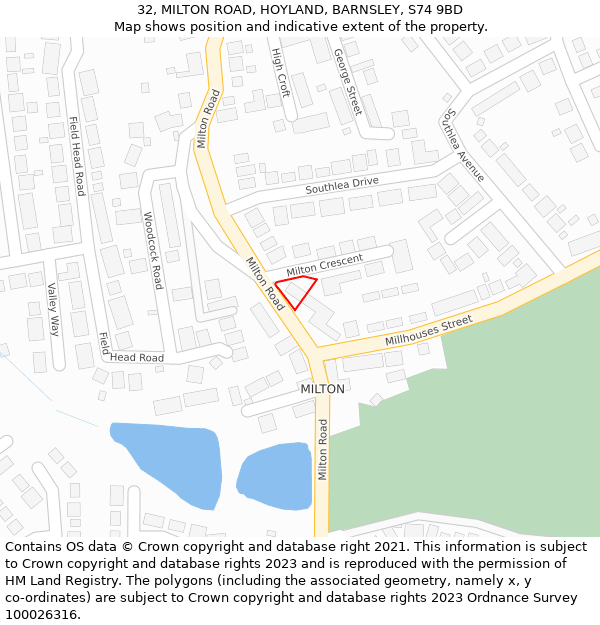 32, MILTON ROAD, HOYLAND, BARNSLEY, S74 9BD: Location map and indicative extent of plot