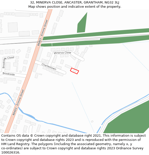 32, MINERVA CLOSE, ANCASTER, GRANTHAM, NG32 3LJ: Location map and indicative extent of plot