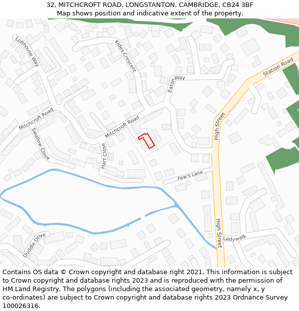 32, MITCHCROFT ROAD, LONGSTANTON, CAMBRIDGE, CB24 3BF: Location map and indicative extent of plot