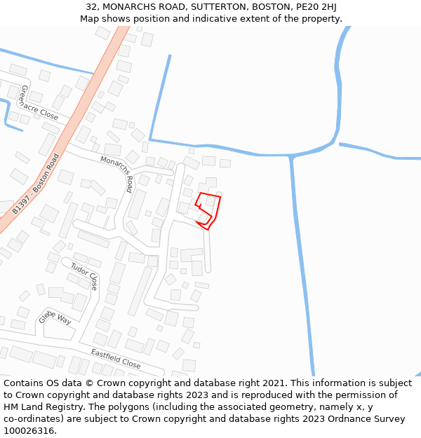32, MONARCHS ROAD, SUTTERTON, BOSTON, PE20 2HJ: Location map and indicative extent of plot