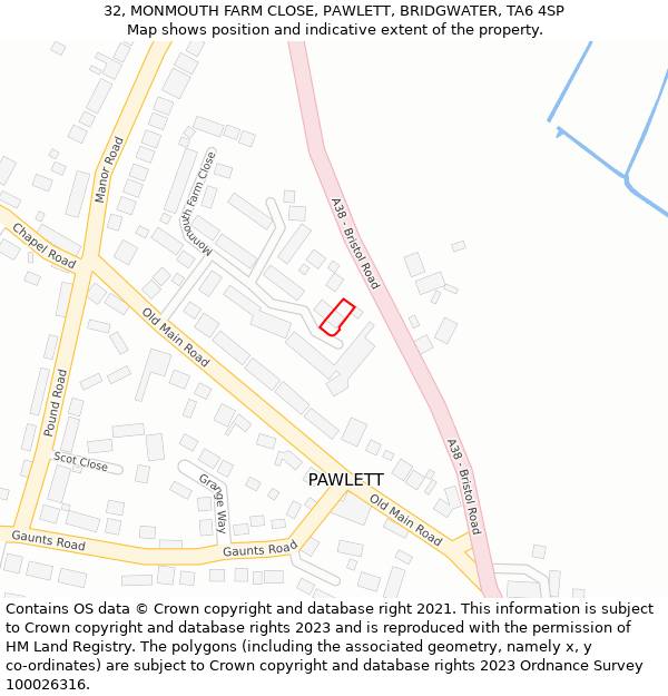 32, MONMOUTH FARM CLOSE, PAWLETT, BRIDGWATER, TA6 4SP: Location map and indicative extent of plot