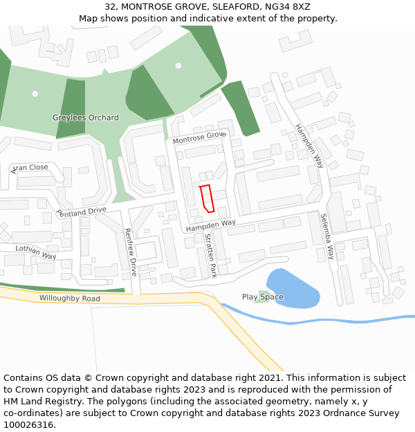 32, MONTROSE GROVE, SLEAFORD, NG34 8XZ: Location map and indicative extent of plot