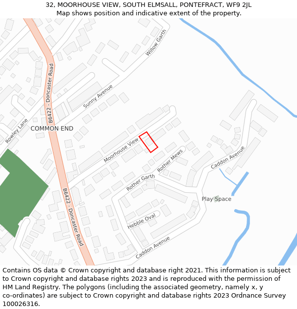 32, MOORHOUSE VIEW, SOUTH ELMSALL, PONTEFRACT, WF9 2JL: Location map and indicative extent of plot