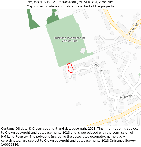 32, MORLEY DRIVE, CRAPSTONE, YELVERTON, PL20 7UY: Location map and indicative extent of plot