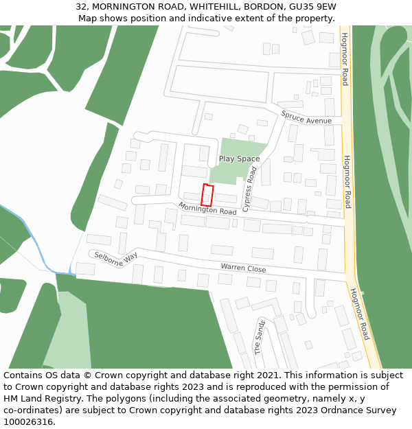 32, MORNINGTON ROAD, WHITEHILL, BORDON, GU35 9EW: Location map and indicative extent of plot