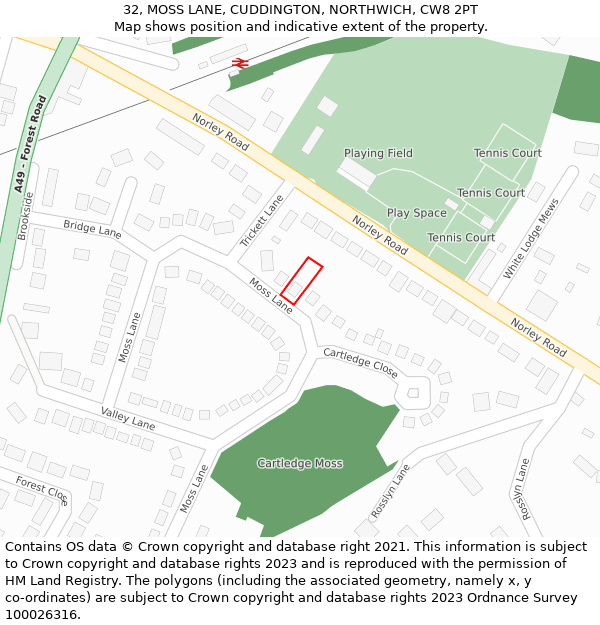 32, MOSS LANE, CUDDINGTON, NORTHWICH, CW8 2PT: Location map and indicative extent of plot