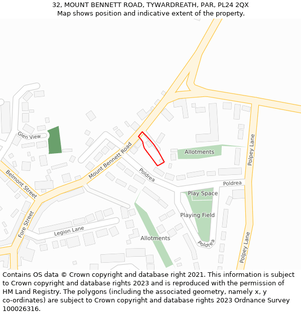 32, MOUNT BENNETT ROAD, TYWARDREATH, PAR, PL24 2QX: Location map and indicative extent of plot