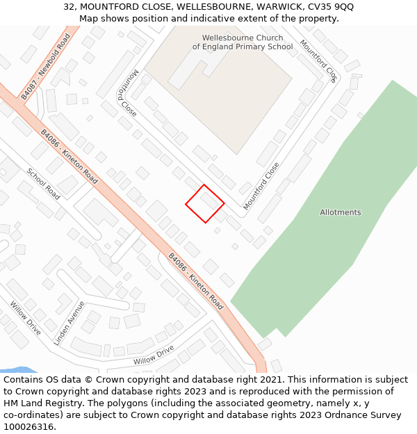 32, MOUNTFORD CLOSE, WELLESBOURNE, WARWICK, CV35 9QQ: Location map and indicative extent of plot