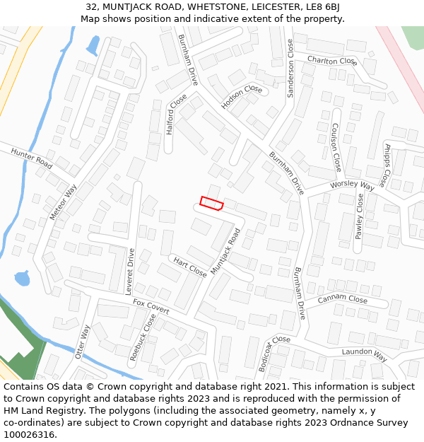 32, MUNTJACK ROAD, WHETSTONE, LEICESTER, LE8 6BJ: Location map and indicative extent of plot