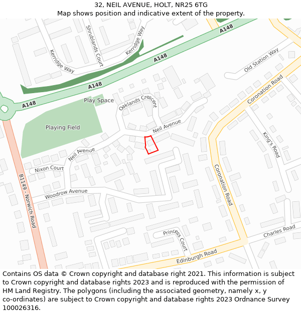 32, NEIL AVENUE, HOLT, NR25 6TG: Location map and indicative extent of plot