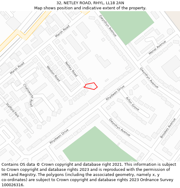 32, NETLEY ROAD, RHYL, LL18 2AN: Location map and indicative extent of plot