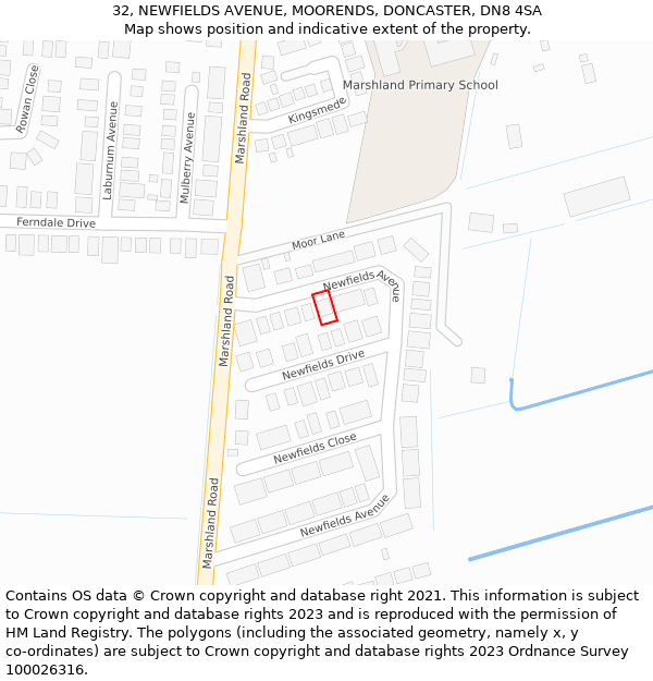 32, NEWFIELDS AVENUE, MOORENDS, DONCASTER, DN8 4SA: Location map and indicative extent of plot