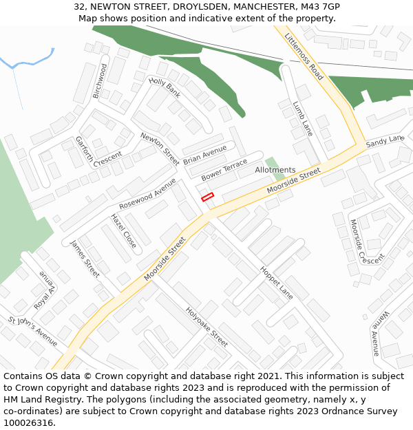 32, NEWTON STREET, DROYLSDEN, MANCHESTER, M43 7GP: Location map and indicative extent of plot