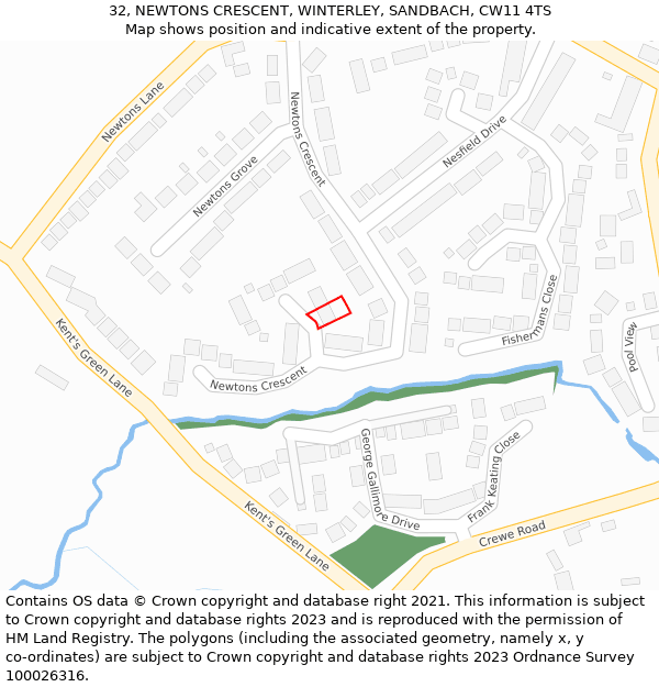 32, NEWTONS CRESCENT, WINTERLEY, SANDBACH, CW11 4TS: Location map and indicative extent of plot