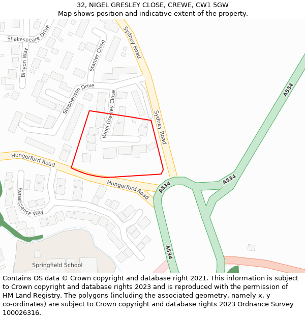 32, NIGEL GRESLEY CLOSE, CREWE, CW1 5GW: Location map and indicative extent of plot