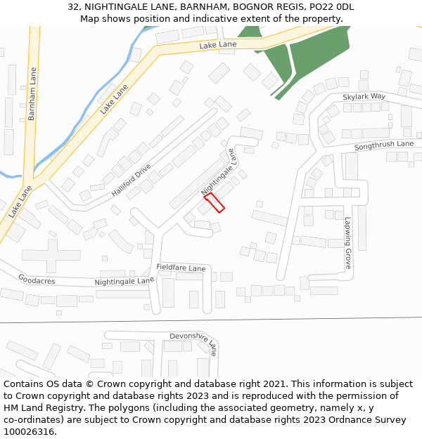 32, NIGHTINGALE LANE, BARNHAM, BOGNOR REGIS, PO22 0DL: Location map and indicative extent of plot