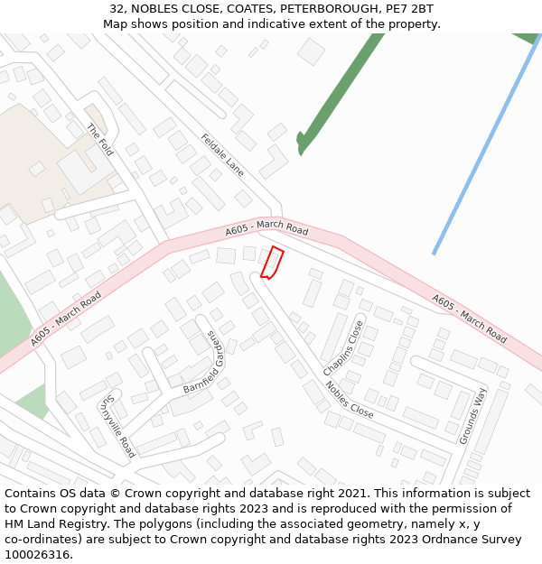 32, NOBLES CLOSE, COATES, PETERBOROUGH, PE7 2BT: Location map and indicative extent of plot