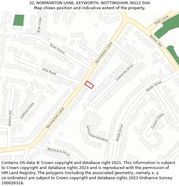 32, NORMANTON LANE, KEYWORTH, NOTTINGHAM, NG12 5HA: Location map and indicative extent of plot