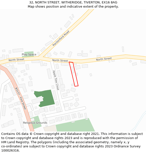 32, NORTH STREET, WITHERIDGE, TIVERTON, EX16 8AG: Location map and indicative extent of plot