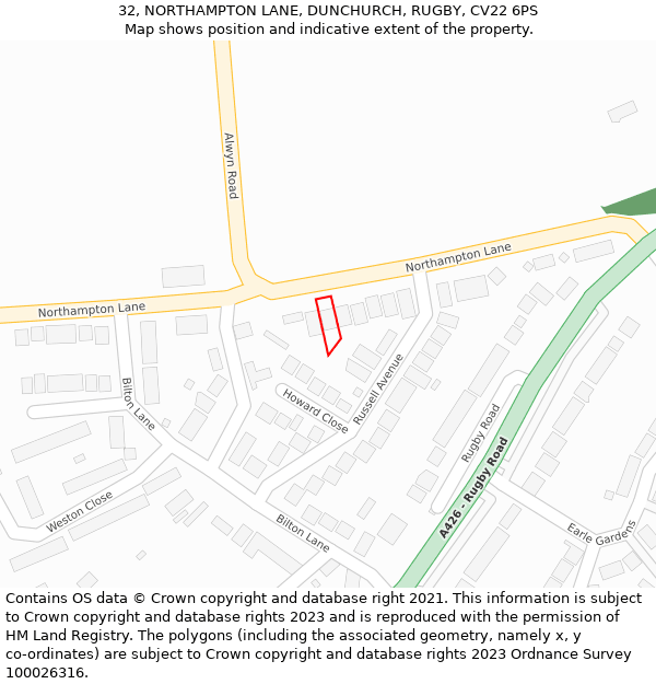 32, NORTHAMPTON LANE, DUNCHURCH, RUGBY, CV22 6PS: Location map and indicative extent of plot